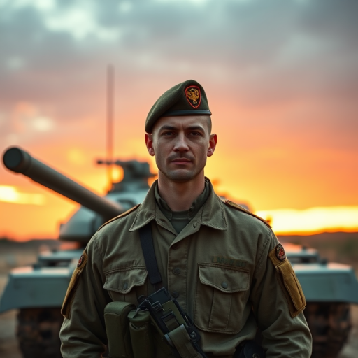A soldier in a military uniform standing confidently in front of a tank, with a dramatic sunset in the background, shot with a DSLR camera, aperture f/1.8, ISO 100, shutter speed 1/200s, portrait view, cinematic style.