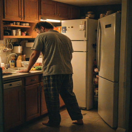 Grainy, low-light photo, late-night kitchen scene, a man standing by the fridge in pajama pants, the soft glow of the fridge light illuminating his face as he peers inside, cluttered countertops in the background, an open cookbook and a half-empty glass of water beside it.