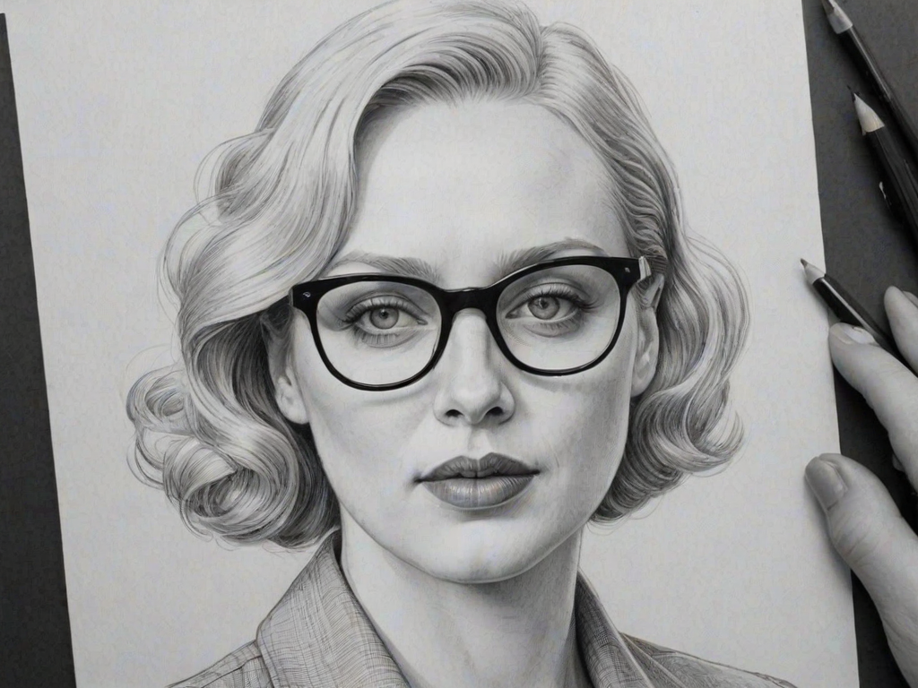 Splendid Gwendoline Christie, pencil sketch, portrait of Sublime woman 1940s in glasses, hair style beatnik, outline, clear lines, fine lines, 8k