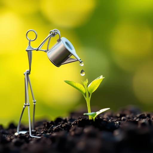 A metal figurine of a person, constructed from thin, silver rods, stands on the left side of the image, facing the viewer. The figurine is holding a small watering can and pouring water onto a young plant, with a few droplets in the air. The plant, with lush green leaves, is situated in the center, growing from dark soil. The background is a soft, out-of-focus blur of green, illuminated by warm, natural light.  The composition creates a sense of depth and intimacy. The image evokes feelings of growth, nurture, and hope.