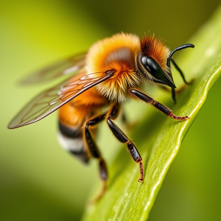 macro shot of a bee on a green leaf with a shallow depth of field, using a Canon EOS 5D Mark IV with a 100mm f/2.8L macro lens, ISO 200, aperture f/2.8, shutter speed 1/250s, natural soft lighting, focused on the bee, blurred background for depth.
