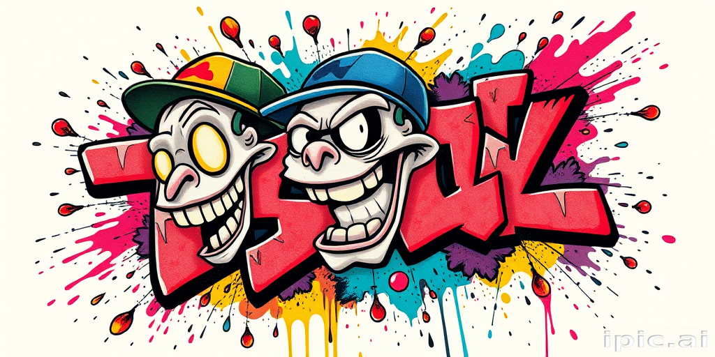 New school graffiti tattoo with bold, cartoonish characters and vibrant color splashes, incorporating elements of street art and pop surrealism for a dynamic and playful design