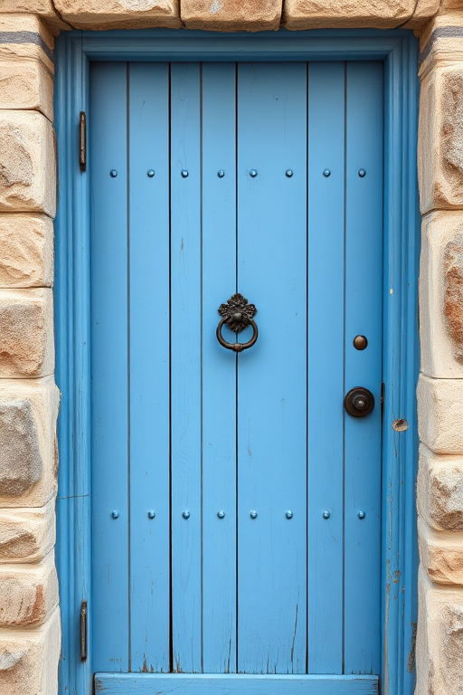 A rustic blue wooden door with a decorative metal knocker, aged stone walls, natural lighting, aperture f/8, ISO 100, 24mm lens, taken from eye level, use a DSLR camera in standard mode for enhanced detail and clarity.