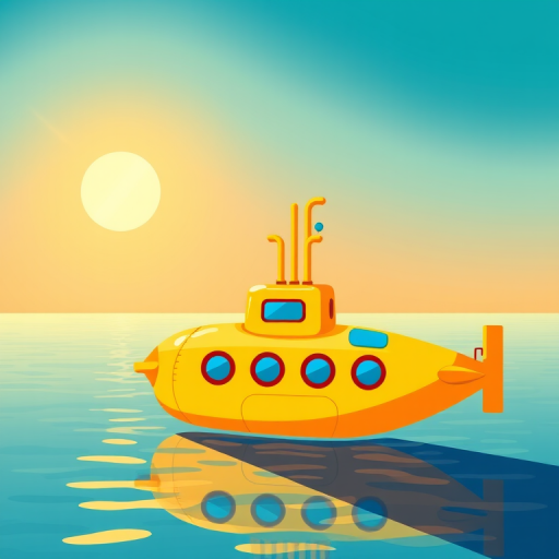 Create a colorful illustration of a yellow submarine floating on calm water under a bright sun, using a 35mm lens, f/8 aperture, and soft lighting to enhance the vibrant colors and details, and apply a vector art style for a clean and modern look.