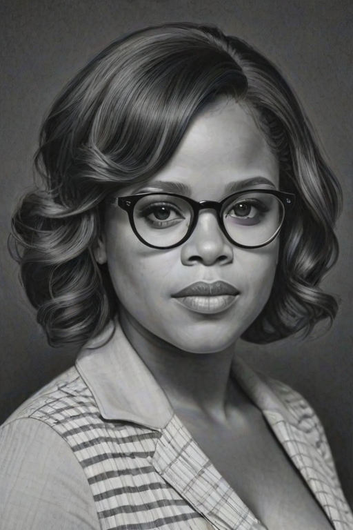 Splendid Chandra Wilson, pencil sketch, portrait of Stunning woman 1968s in glasses, hair style beatnik, outline, clear lines, fine lines, 8k