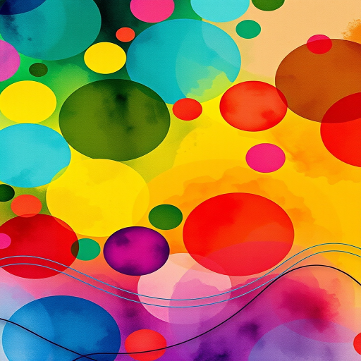 Create a vibrant abstract watercolor pattern featuring a mix of colorful circles and wavy lines, using a Canon EOS 5D Mark IV with a 50mm lens, aperture f/4, ISO 100, and a soft focus effect for enhanced depth and richness in color.