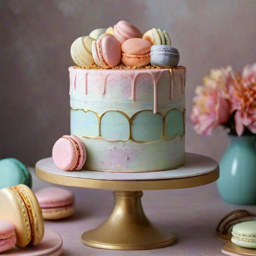 Create a whimsical cake design featuring a pastel color palette with hints of gold. The cake should have a textured surface with a cracked effect, revealing layers of colorful frosting and playful decorations. Incorporate elements like fluffy cotton candy and a shiny macaron on top for added flair. The overall look should be artistic and vibrant, evoking a sense of celebration and joy.