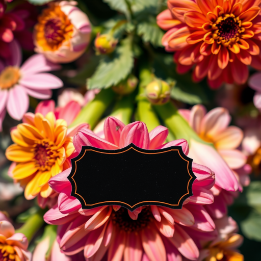Create a high-resolution floral background with a vintage black label in the center, using a macro lens, a f-stop of f/4 for shallow depth of field, and a 50mm lens to enhance detail and color vibrancy, capturing the image in natural light for soft shadows and rich colors.