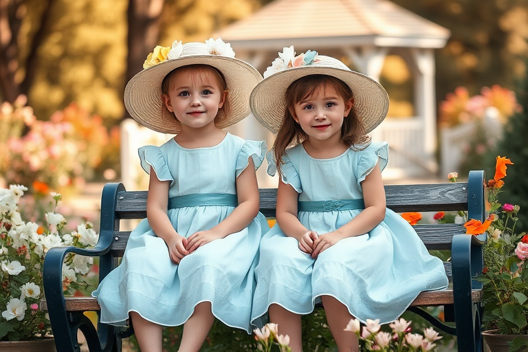 Generate a vintage portrait of two young girls in light blue dresses with wide-brimmed hats adorned with flowers, sitting on a garden bench surrounded by blooming flowers, with a gazebo in the background; use a soft focus lens at f/2.8 for a shallow depth of field, a warm color palette, and a high-resolution digital camera at 50mm focal length to enhance image quality.