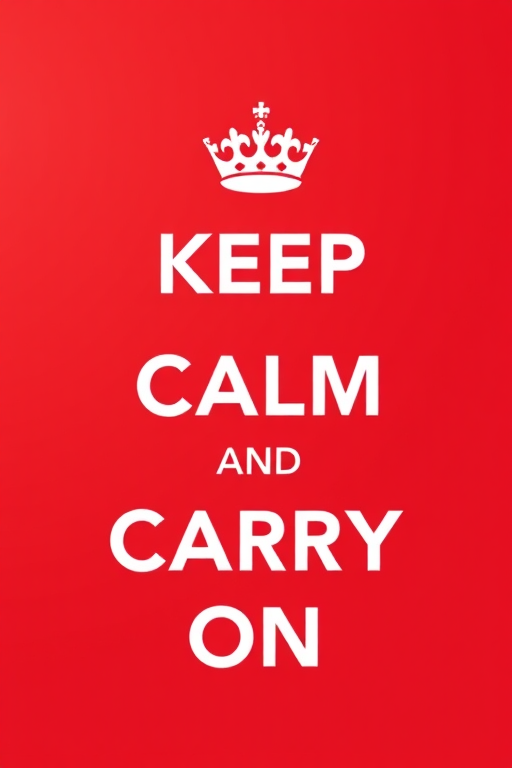 Create a minimalist poster with a bold red background featuring the text KEEP CALM AND CARRY ON in large white font, adding a simple crown graphic at the top, using a DSLR camera with a 50mm lens, f/2.8 aperture, ISO 100, and soft natural lighting for enhanced clarity and detail.