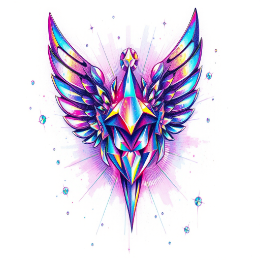 Holographic "Iridescent Illusion" tattoo illustration featuring shimmering prismatic effects and color-shifting elements that appear to change and move with the light creating a mesmerizing and futuristic appearance