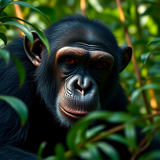 a highly detailed close-up of a realistic chimpanzee in a lush green rainforest with dense foliage and dramatic lighting, captured with a Canon EOS R5, 50mm lens, f/1.8 aperture, ISO 200, shallow depth of field, and natural light to enhance texture and depth