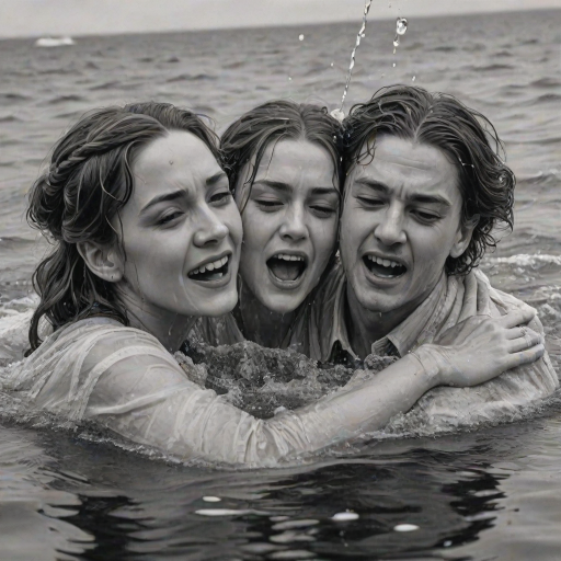 A hyperdetailed photorealistic black and white pencil sketch recreating the iconic scene at the end of Titanic with Jack and Rose floating in the water, only show them making exaggerated funny faces at the camera. Show Rose spitting water at the camera.