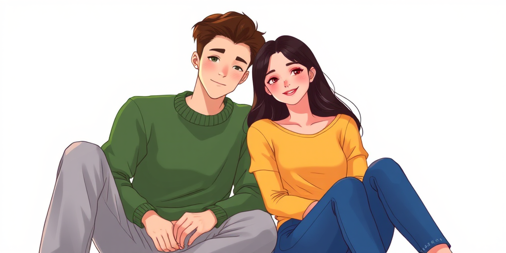 Create a digital illustration of a young couple sitting together casually, with the male character wearing a green sweater and the female character in a yellow top, both smiling and relaxed, soft focus, 50mm lens, f/2.8 aperture, natural lighting, high resolution.