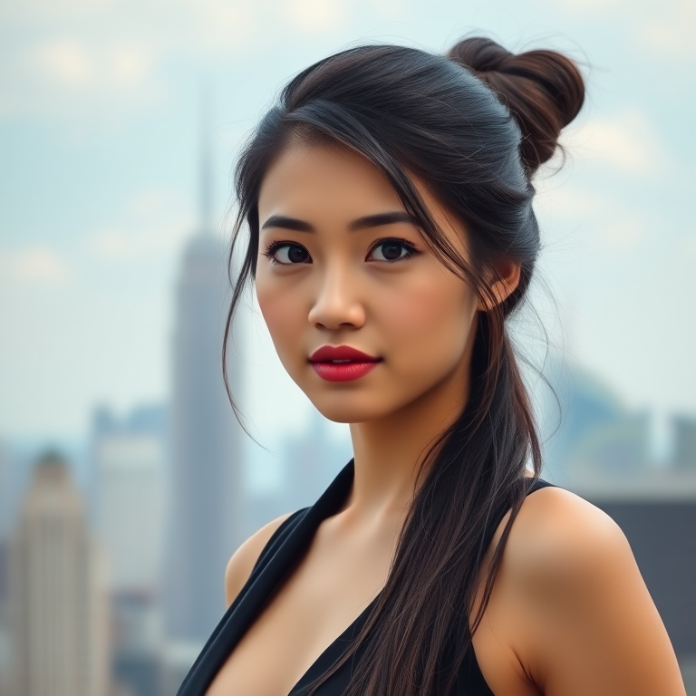 Portrait of a young woman with long, shiny hair styled in a bun, wearing a sleek, black outfit, against a stylized city skyline in the background, soft focus, aperture f/1.8, ISO 100, 50mm lens, natural light, high dynamic range.