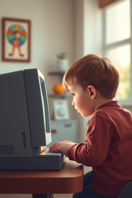 create a digital illustration of a child staring at a retro computer, using soft color gradients, high-resolution vector graphics, with a depth of field effect to enhance focus on the child, shot at f/2.8 aperture, 50mm lens, in a bright indoor setting, illuminated with soft natural light