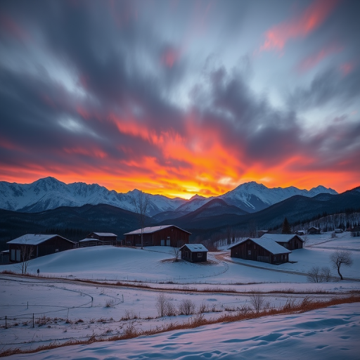 Capture a serene winter landscape with snow-covered mountains and rural houses under a dramatic sky at sunset, using a Canon EOS R5, 24-70mm f/2.8 lens, f/8 aperture, ISO 400, 1/200 sec shutter speed, and wide-angle view for enhanced depth.