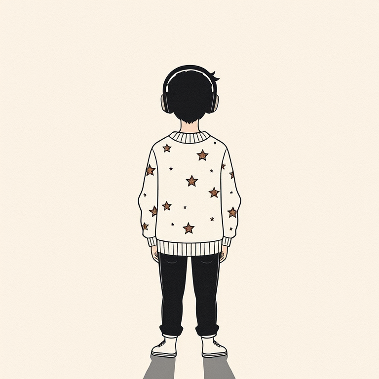 Create a minimalist illustration featuring a person wearing headphones and a star-patterned sweater, standing on a textured paper background, with their shadow forming an abstract figure, using a soft focus lens with an aperture of f/2.8, 50mm focal length, and natural lighting for a delicate texture.