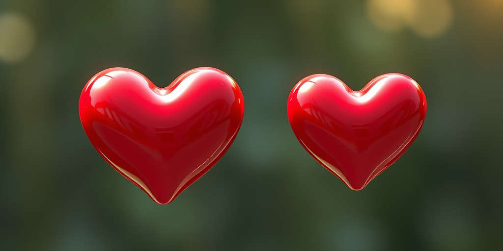 create a hyper-realistic render of two glossy red hearts of different sizes, captured from a slightly elevated angle with a Canon EOS 5D Mark IV, 50mm lens, f/1.8 aperture, 1/200s shutter speed, and natural diffused lighting to enhance reflections and shadows