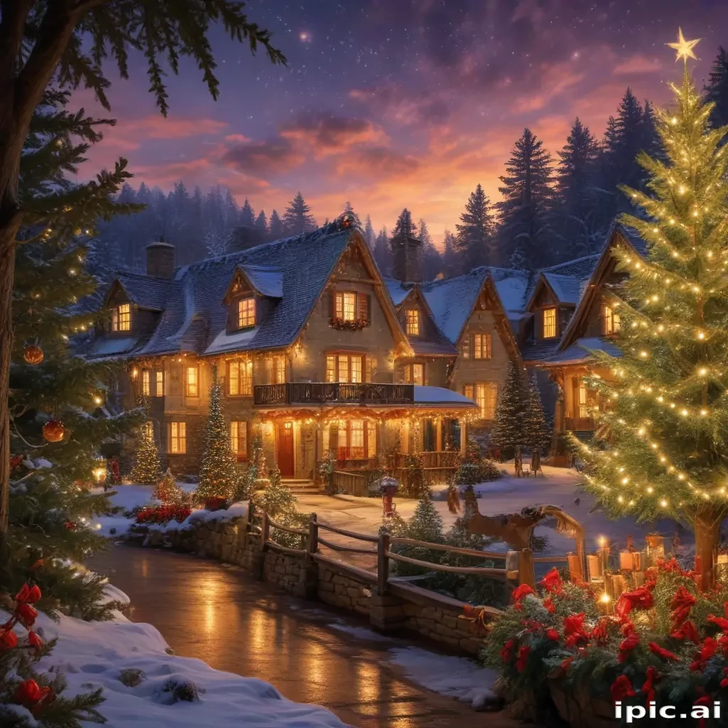 A Cozy Winter Evening Scene of a Festively Decorated Christmas Cottage