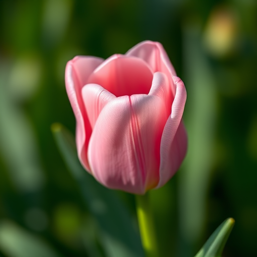 photograph a delicate pink tulip with soft petals in close-up detail, using a Canon EOS 5D Mark IV camera, 85mm lens, aperture f/1.8, ISO 100, soft natural lighting to enhance the bloom's colors and create a blurred green background for contrast.