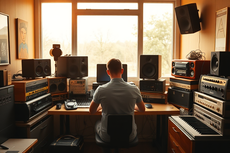 Create an image of a person sitting at a vintage music studio desk surrounded by various audio equipment, with warm natural light coming through a large window, using a Canon EOS R5 with a 50mm lens, aperture set to f/1.8, ISO 100, with a shallow depth of field for a soft background blur.