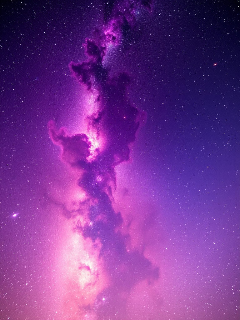 Generate a vibrant cosmic scene featuring a swirling cloud of stars and nebulae in shades of purple, pink, and gold, using a digital camera with a wide-angle lens, f/2.8 aperture, ISO 100, 20-second exposure, captured from a low angle to emphasize depth and scale.