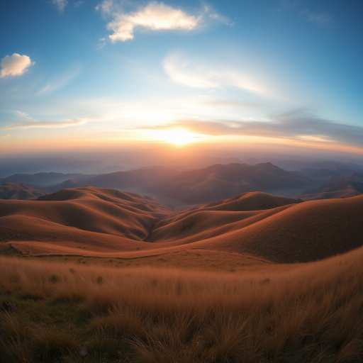 landscape at dawn with rolling hills and soft golden light, f/8 aperture, ISO 100, 1/200 sec shutter speed, using a DSLR camera, wide-angle lens, panoramic view for enhanced depth.