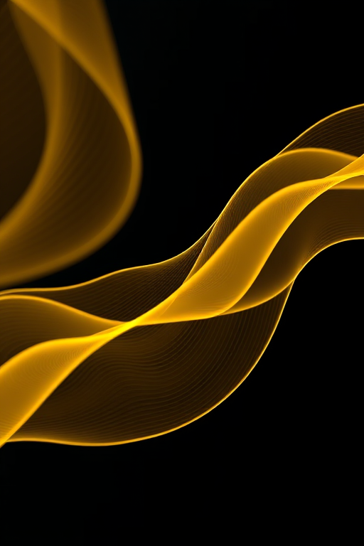 Generate a high-resolution abstract image of yellow wavy lines on a black background, using a DSLR camera with a 50mm lens, aperture set to f/2.8, ISO 100, capturing in a macro view for enhanced detail.