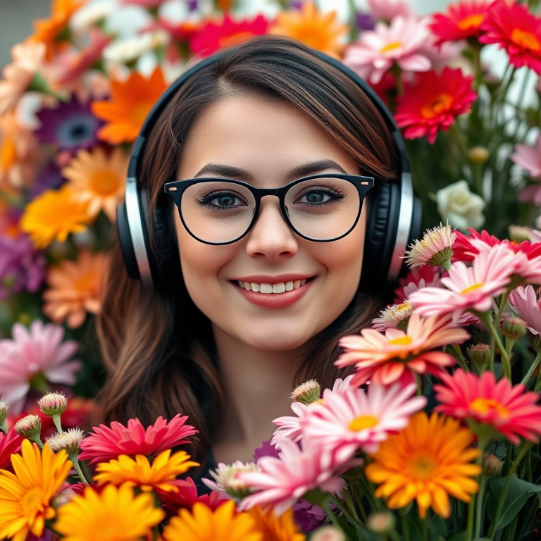 Create a vibrant portrait of a woman with glasses and headphones surrounded by a lush arrangement of colorful flowers, using a high-resolution DSLR camera with a 50mm lens, aperture f/1.8, ISO 100, natural lighting, and a shallow depth of field for a blurred background effect.