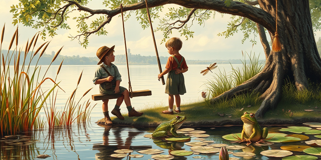 Imagine a small group of old fashioned young boys out fishing by the creek, a swing hanging from a tree branch, reeds and grasses by the water's edge, a frog sitting on a lily pad, dragonflies hovering over som water plans, a very iconic old fashioned scene reminiscent of a Norman Rockwell painting style