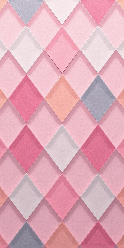 Create a high-resolution pattern of interlocking diamond shapes in soft pastel colors on a textured background, shot with a Canon EOS R5 at f/5.6, 1/250s, ISO 100, using a 50mm lens with a soft focus style.