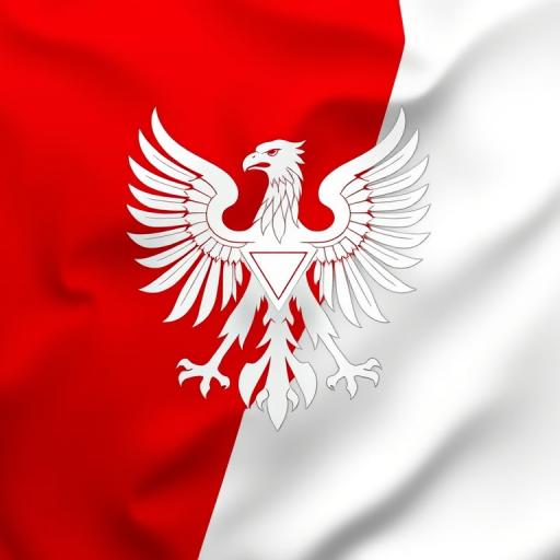 Create an enhanced digital image of the Polish flag featuring a detailed, stylized white eagle with a gradient effect on a two-color background of white and red, using a Canon EOS 5D Mark IV camera, with an aperture setting of f/8, a shutter speed of 1/125s, and ISO 100, shot in a high dynamic range style for improved clarity and vibrancy.