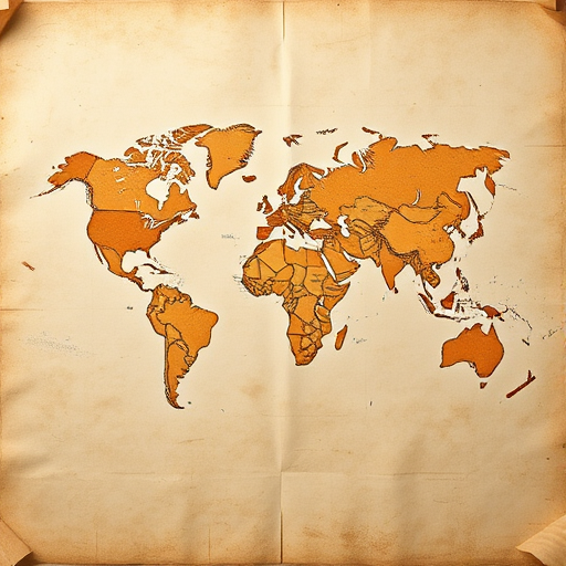 Create a vintage-style world map with a textured, aged paper background, using a DSLR camera type, with a focal length of 50mm, aperture set to f/8, ISO 100, and a top-down flat lay view to enhance image quality.
