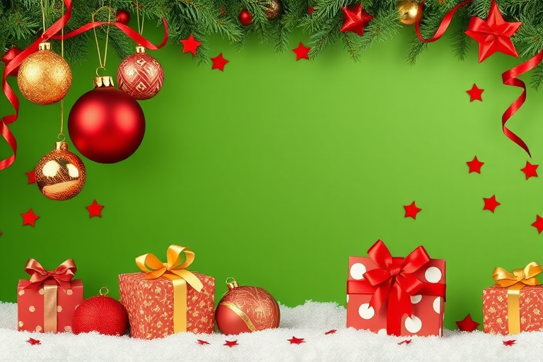 Generate a festive holiday scene featuring a green background with red and gold Christmas ornaments, presents wrapped in colorful paper with bows, and scattered red stars. Include a touch of evergreen branches for a seasonal feel.