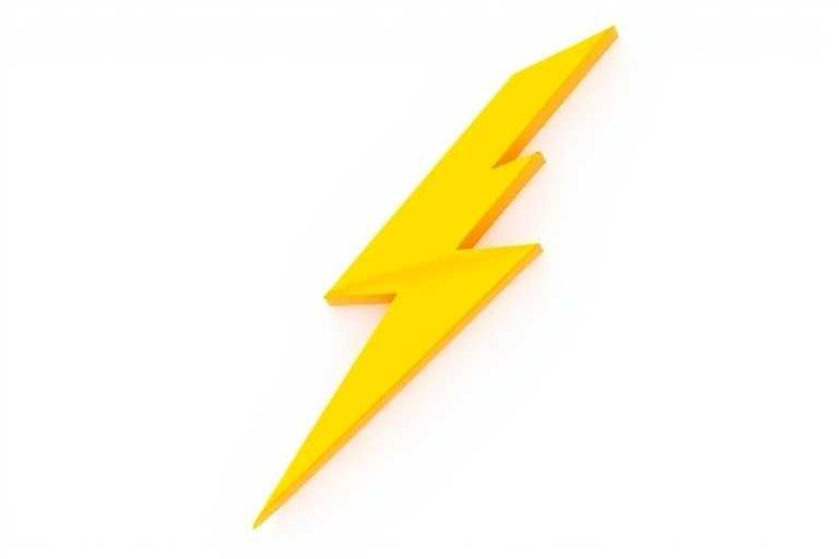 Create a 3D-rendered image of a stylized lightning bolt logo with vibrant yellow and orange colors, placed against a white background, using a Canon EOS R5 camera with an aperture of f/2.8, ISO 100, and a 50mm lens, shot from a slightly elevated angle to emphasize depth and shadows.