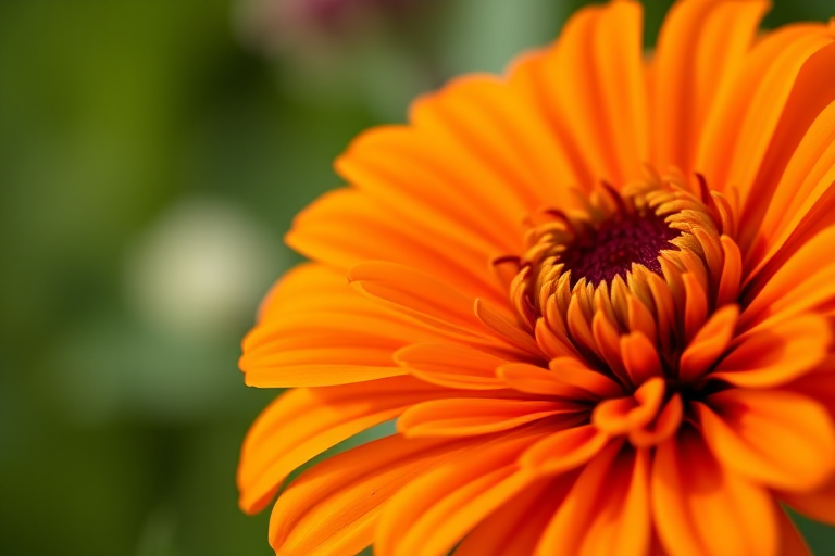 Close-up of a vibrant orange zinnia flower with detailed petals and a blurred green background, aperture f/2.8, shutter speed 1/250 sec, ISO 100, macro lens, natural light.