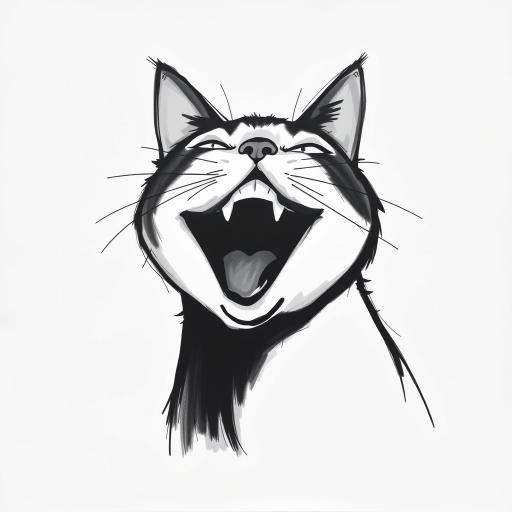 Abstract black and white acrylic portrait of an over exaggerated laughing (cat). Minimalism style. White background.