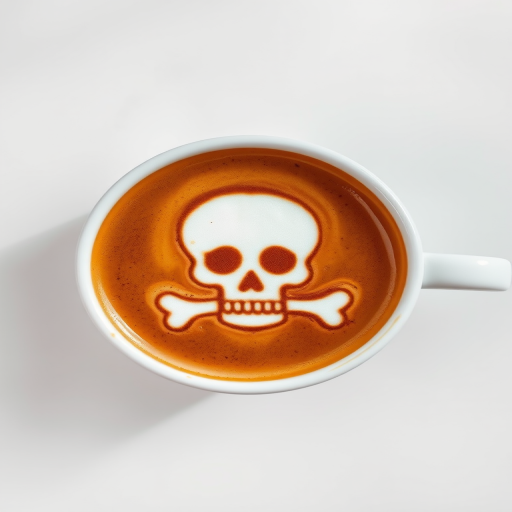 Create an image of a cup of coffee with a skull and crossbones design in the foam, capture it using a DSLR camera with an aperture of f/2.8, a shutter speed of 1/125s, and ISO 100, shot from a top-down view with soft natural lighting to enhance the details and contrast.