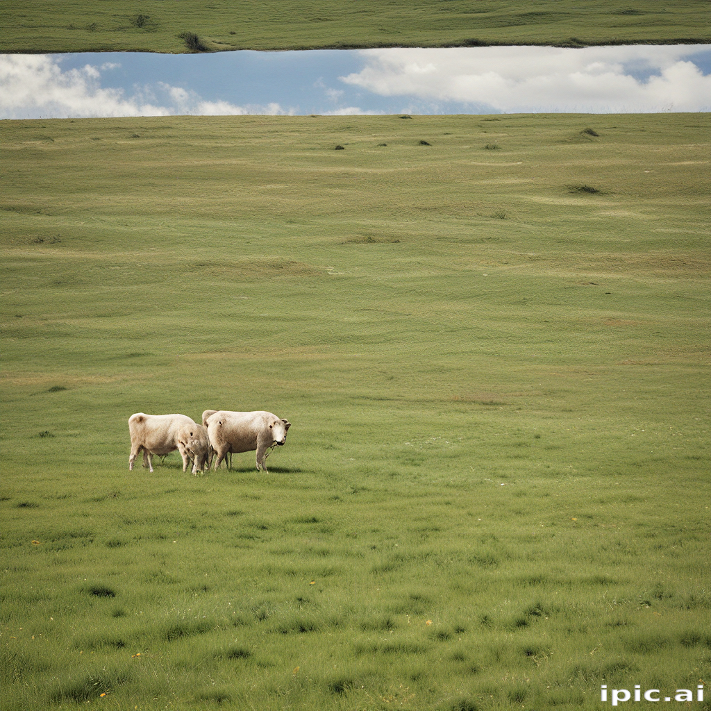 Two Cows Grazing on a Lush Green Field Under a Blue Sky