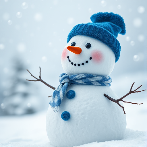 Create a winter scene featuring a cheerful snowman wearing a blue hat, surrounded by a snowy landscape with softly falling snowflakes, shot with a Canon EOS R5, aperture f/2.8, ISO 100, shutter speed 1/250s, using a wide-angle lens for a crisp view, focus on the snowman with a soft bokeh background to enhance image quality.