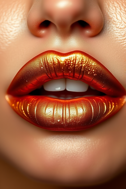 Metallic bronze lip gloss "Gilded Goddess" boasting a high-shine finish, flecks of gold shimmer, and a non-sticky texture for a glamorous night out
