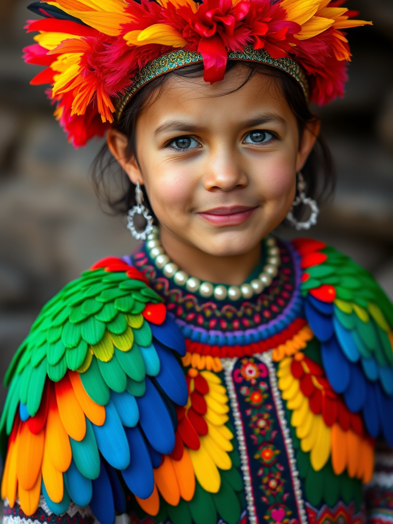A beautiful Mapuche girl, wearing colorful bird clothing with vibrant colors