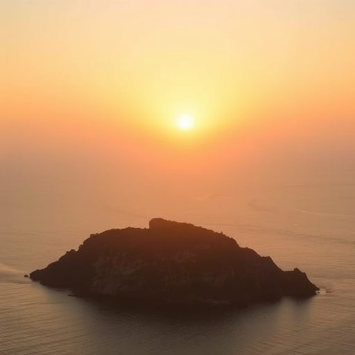 sunset over a tranquil bay with a rocky island in the foreground, soft golden light creating a misty atmosphere, aperture f/5.6, shutter speed 1/200s, ISO 100, 50mm lens, landscape orientation, DSLR camera, natural light photography