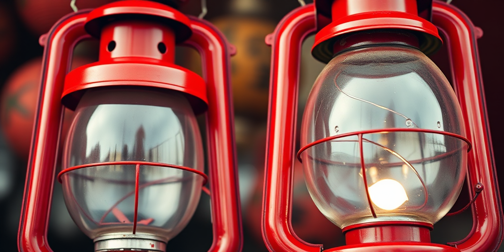 regenerate an image of two vintage red lanterns side by side, shot with a DSLR camera, f/2.8 aperture for shallow depth of field, ISO 100 for minimal noise, 50mm lens for sharp detail, natural light for enhanced colors, taken at eye level for a balanced perspective
