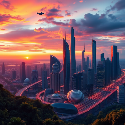 Generate a detailed vector illustration of a futuristic city skyline at sunset with vibrant colors, featuring sleek skyscrapers, flying vehicles, and lush greenery, captured with a DSLR camera at f/2.8, ISO 100, with a wide-angle lens, shooting from a high vantage point for a panoramic view.