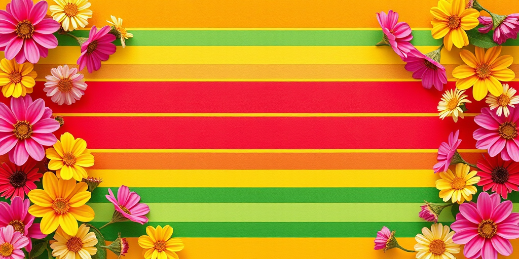 Create a vibrant floral border frame with colorful flowers in bright hues, background of horizontal alternating stripes in red, yellow, and green, shot with a DSLR camera at f/4 aperture, ISO 100, using a macro lens to enhance detail and vivid colors.