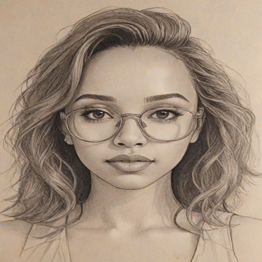 Enchanting Tinashe, pencil sketch, portrait of Enchanting woman 1978s in glasses, hair style beatnik, outline, clear lines, fine lines, 8k