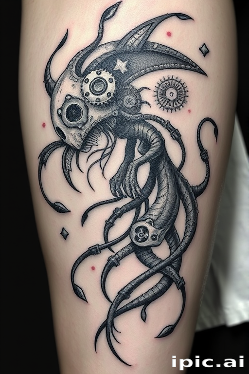 Surrealist bio-organic tattoo depicting a hybrid creature with mechanical gears and flowing tendrils, incorporating elements of steampunk and art nouveau styles in a monochromatic grayscale palette