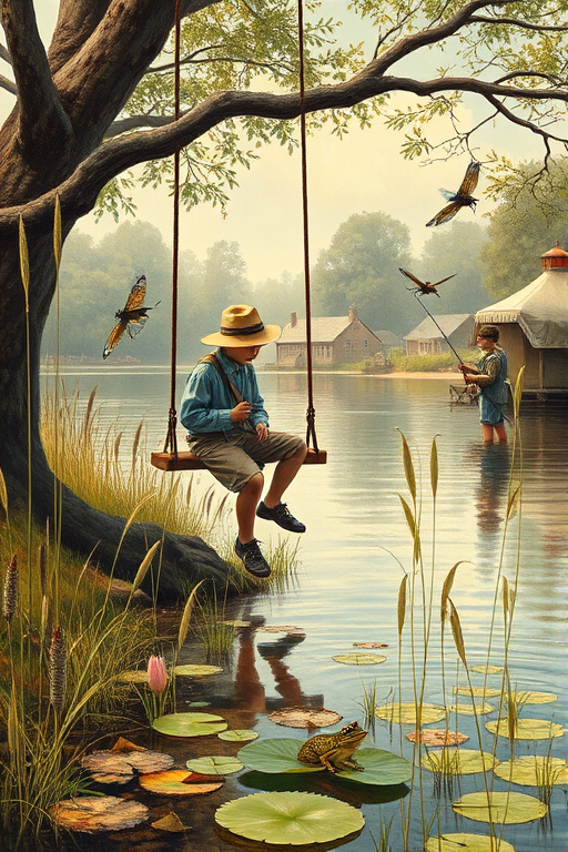 Imagine a small group of old fashioned young boys out fishing by the creek, a swing hanging from a tree branch, reeds and grasses by the water's edge, a frog sitting on a lily pad, dragonflies hovering over som water plans, a very iconic old fashioned scene reminiscent of a Norman Rockwell painting style